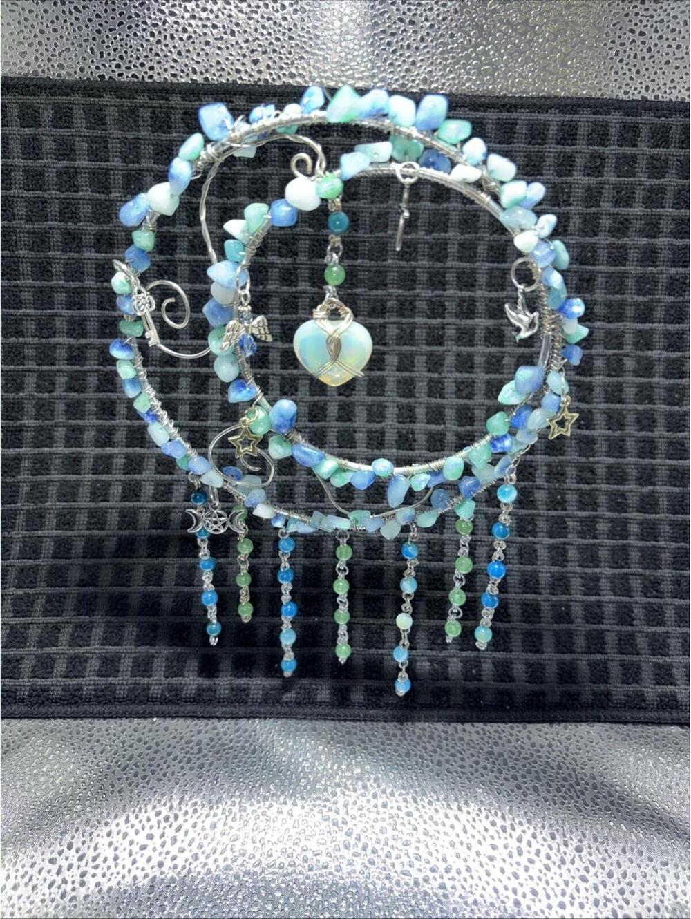 Dream Catcher, Alaskan - Handmade - Crystal - Hanging Sun Catcher Crescent Moon